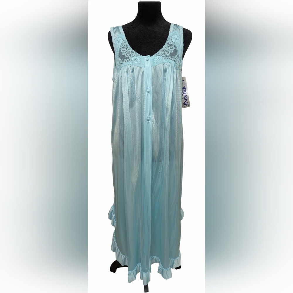 NWT Vintage Lorraine Blue Sheer Lace Nightgown Medium Ruffle Smile Hem Sexy